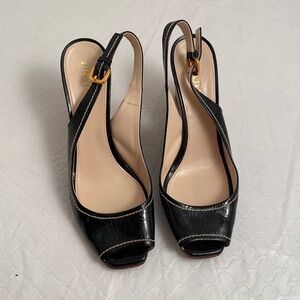 Prada open toe patent leather espadrille wedges